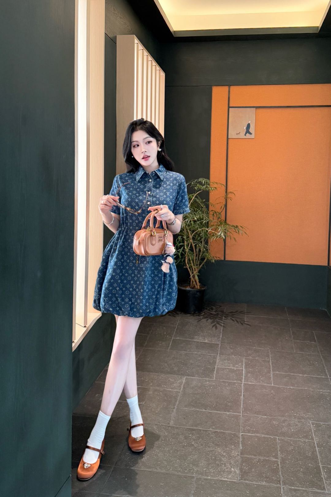 Loui* 25ss monogram denim short-sleeve dress