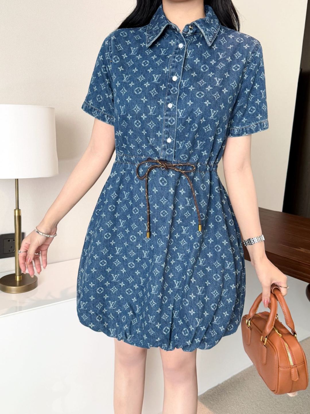 Loui* 25ss monogram denim short-sleeve dress