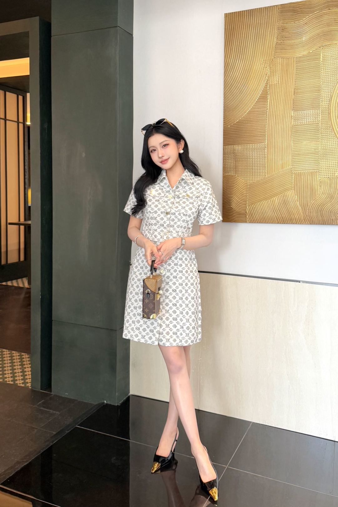 Loui* 25ss monogram jacquard denim shirtdress