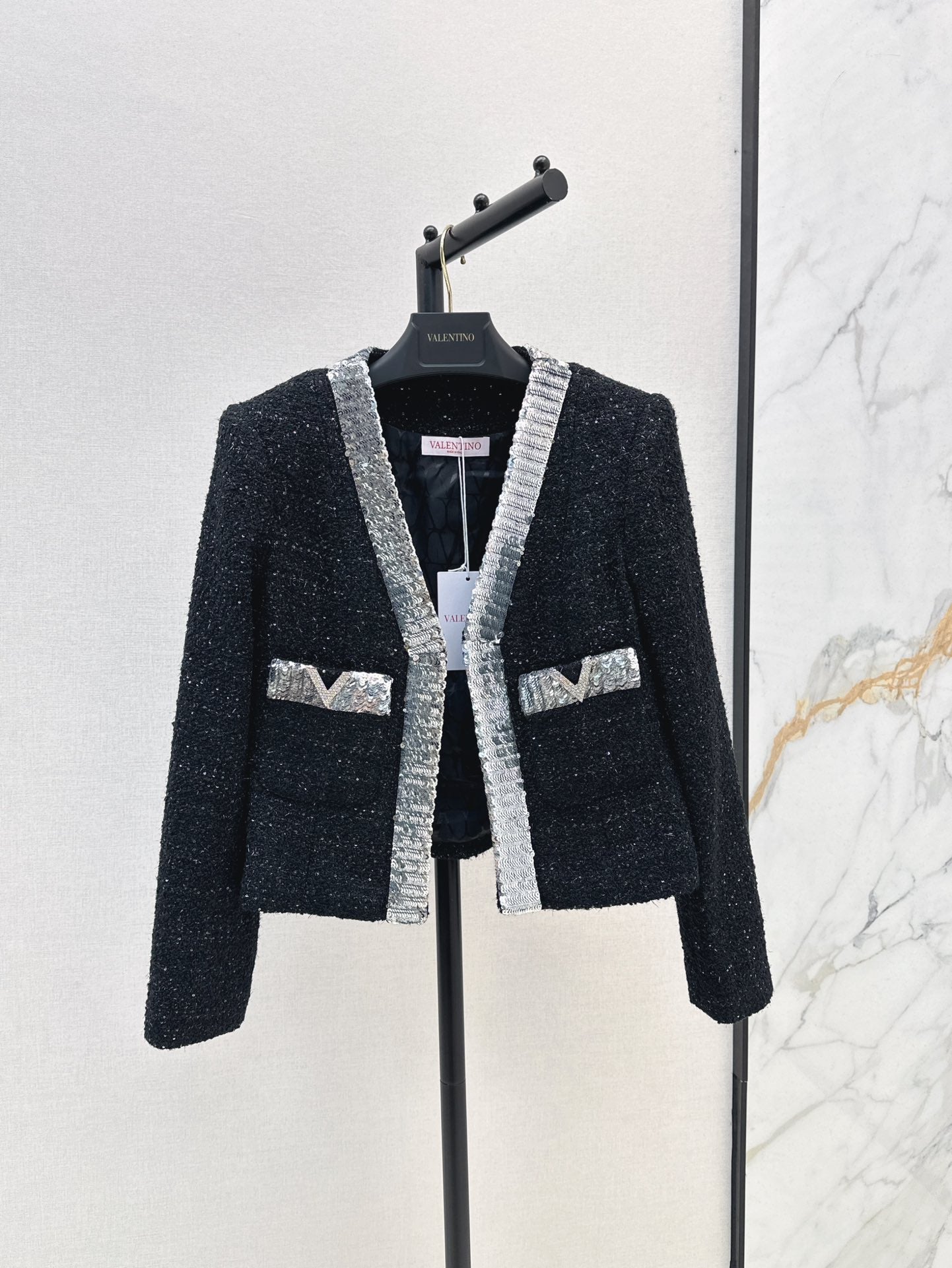 Valen* 25ss sequins embroidered tweed crop jacket