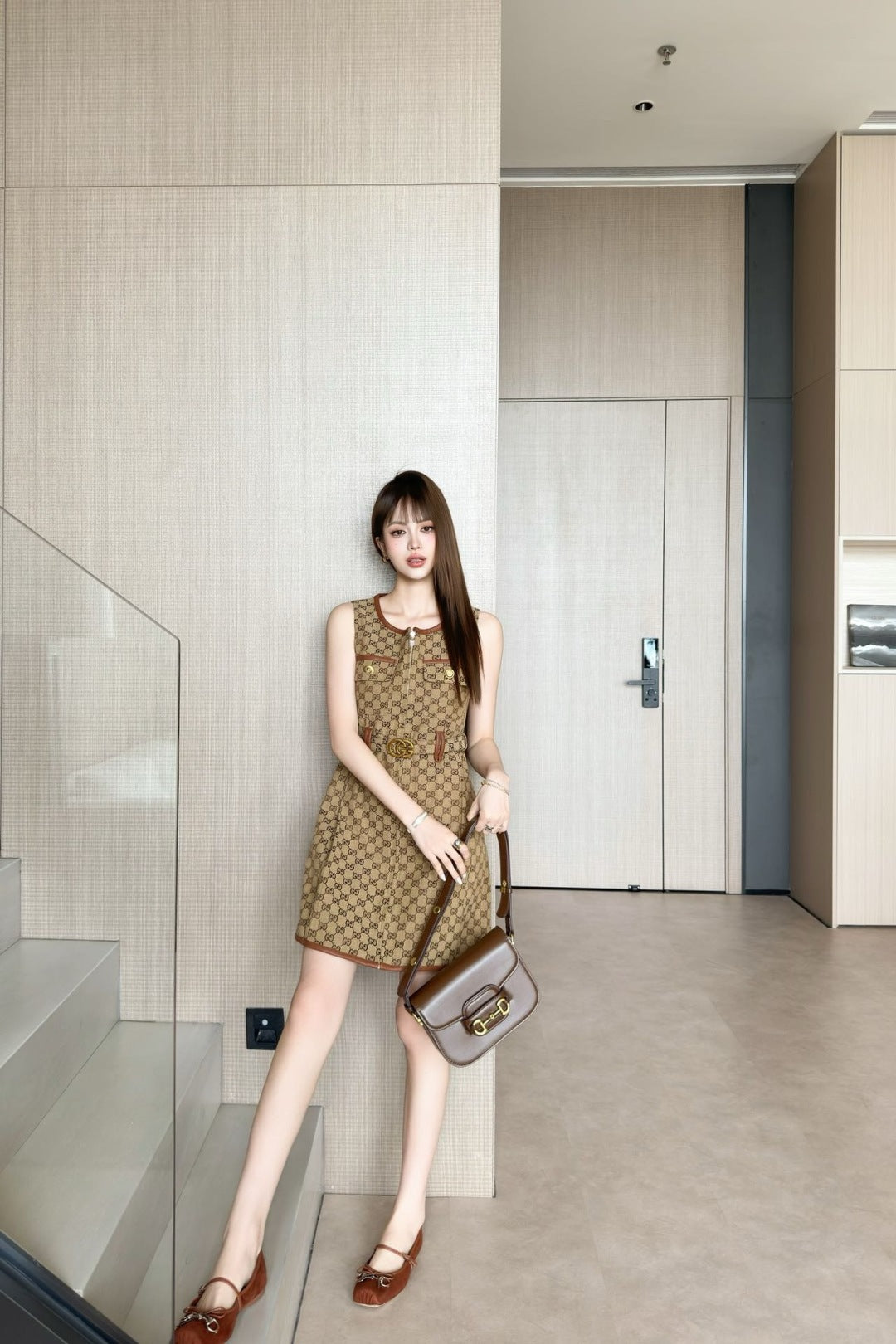 Gu* 25ss GG canvas belted dress