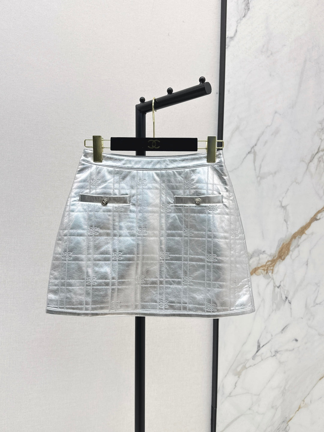 C*nel embossed check leather miniskirt