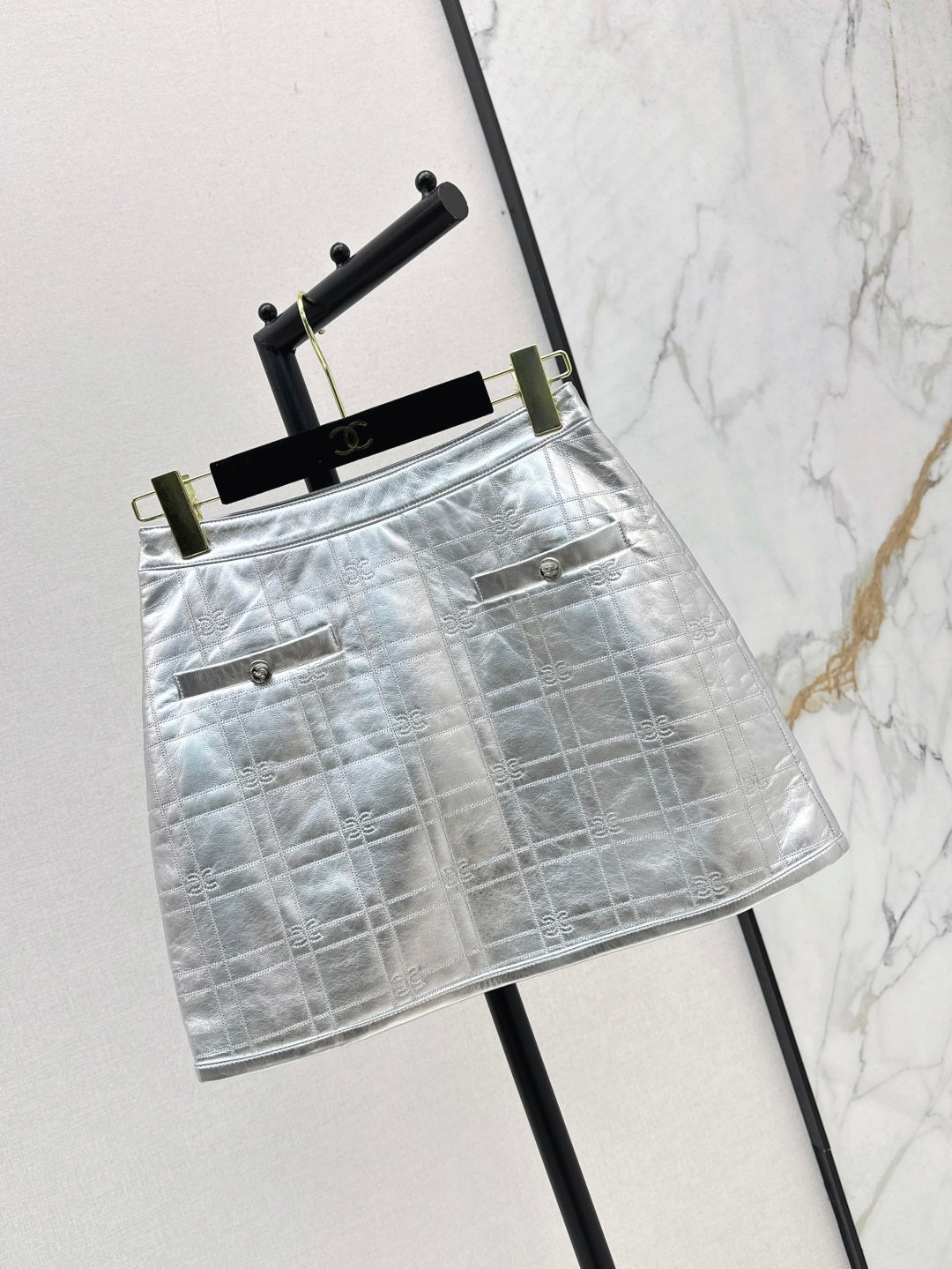 C*nel embossed check leather miniskirt
