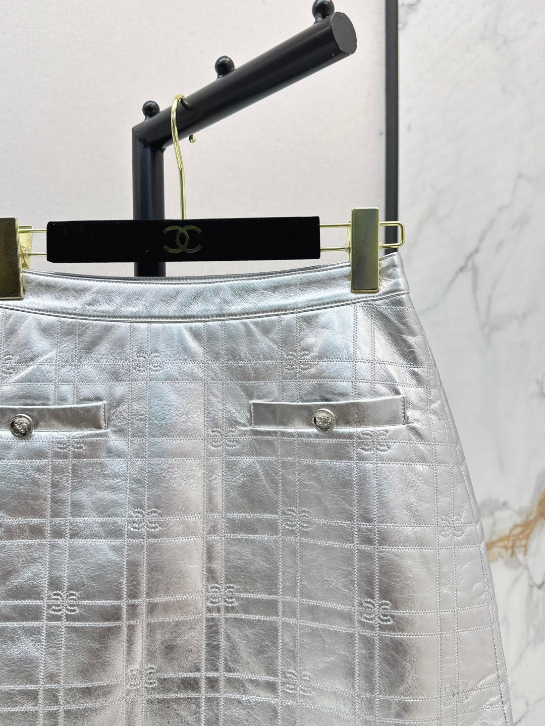 C*nel embossed check leather miniskirt