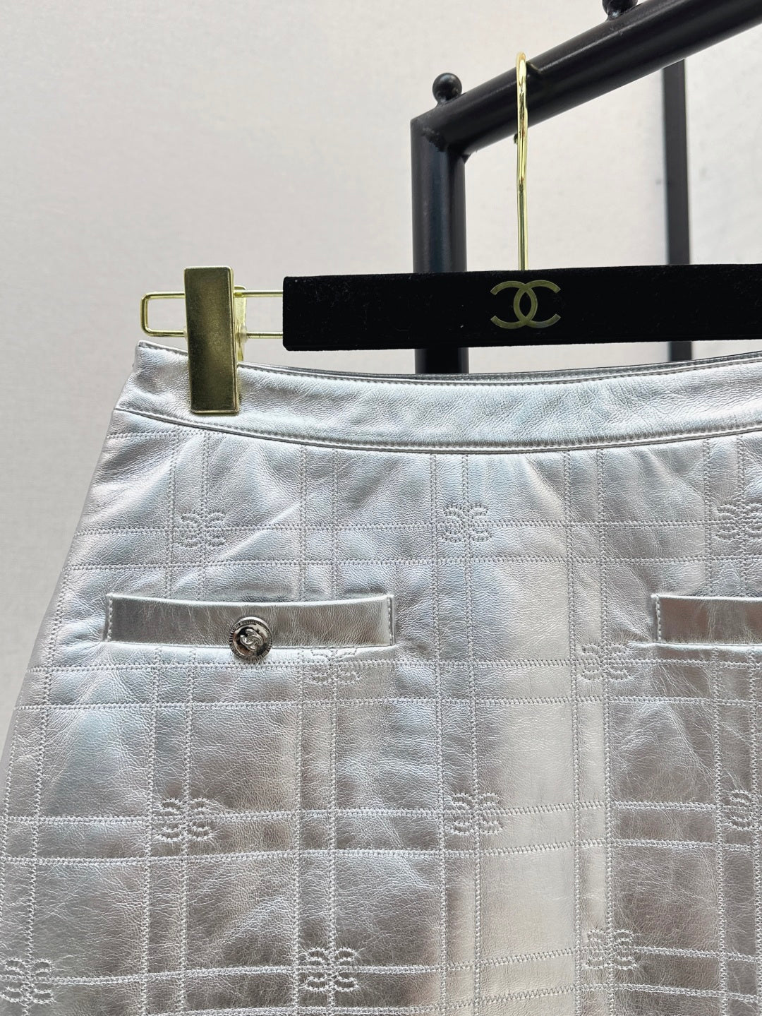 C*nel embossed check leather miniskirt