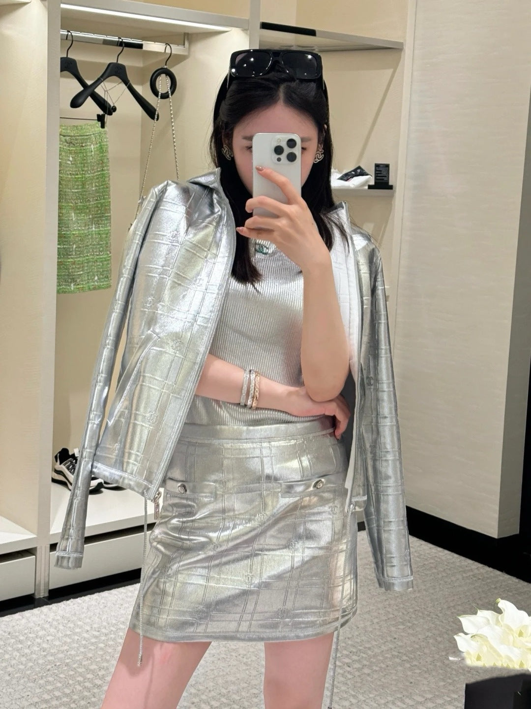 C*nel embossed check leather miniskirt