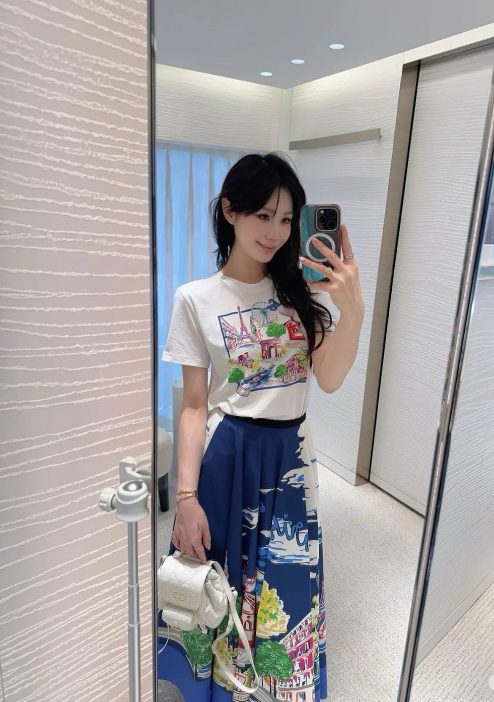 D*r 25ss print souvenir flared skirt
