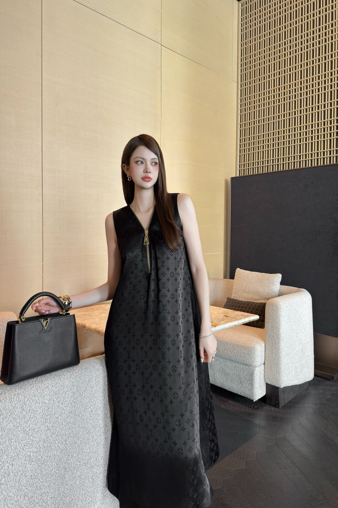 Loui* 25ss monogram zipper neckline dress