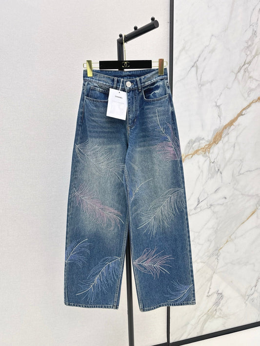 C*nel 25ss rhinestone feather motif jeans