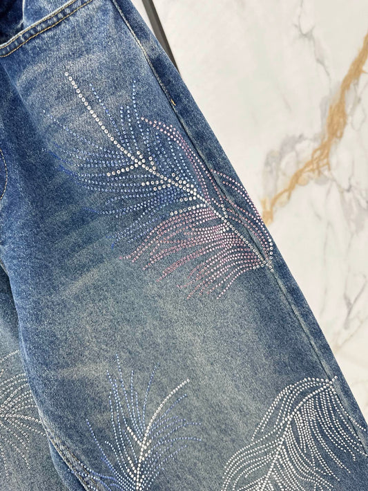 C*nel 25ss rhinestone feather motif jeans