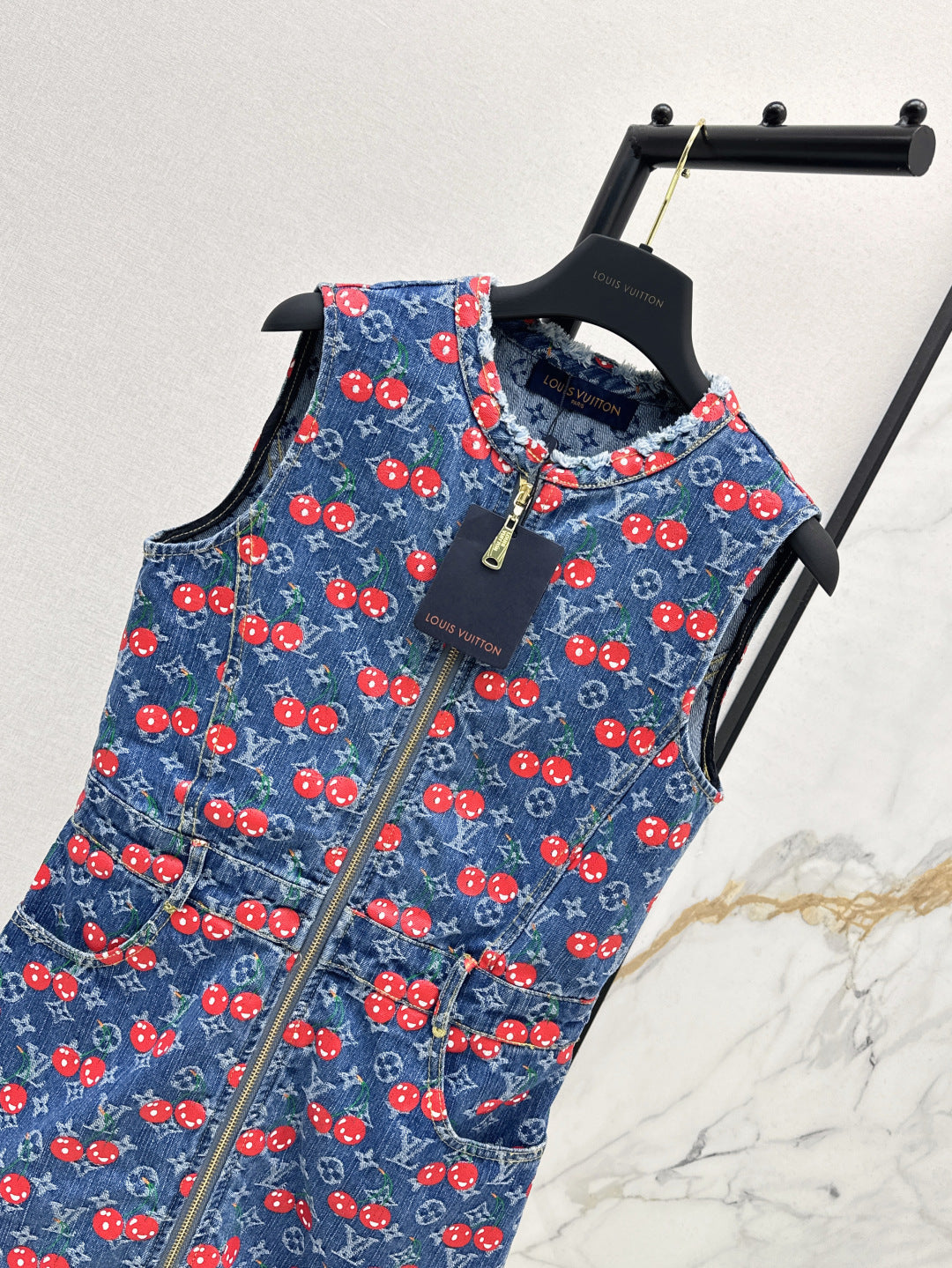 Loui* 25ss monogram cherry jacquard denim dress
