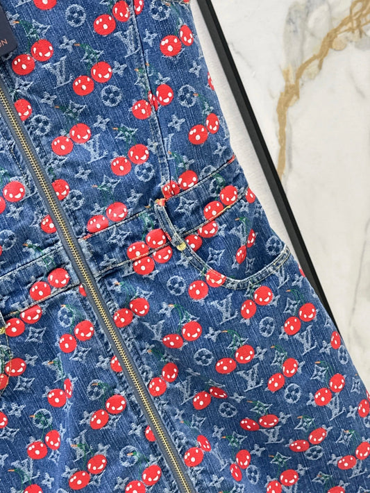 Loui* 25ss monogram cherry jacquard denim dress