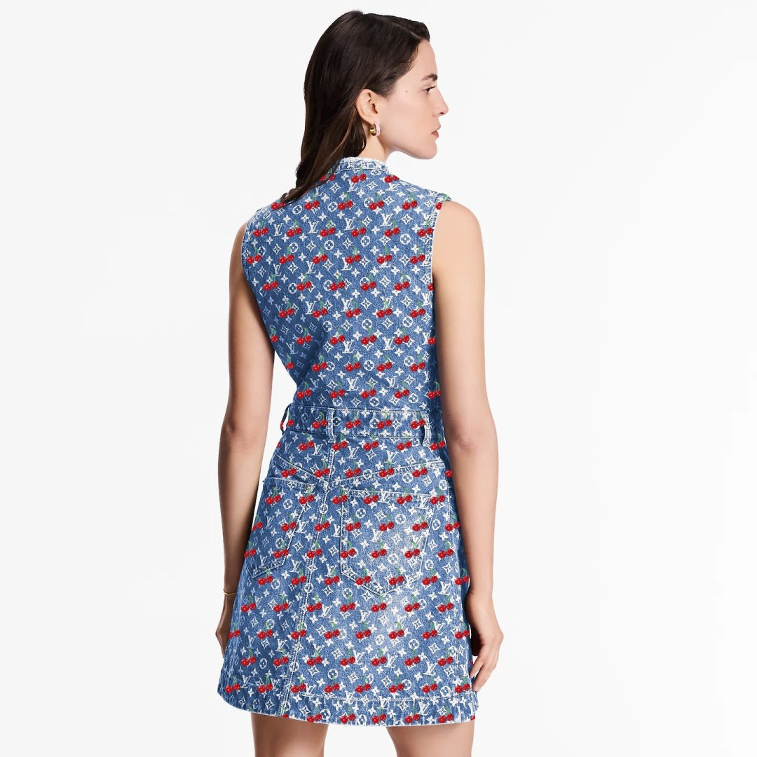 Loui* 25ss monogram cherry jacquard denim dress