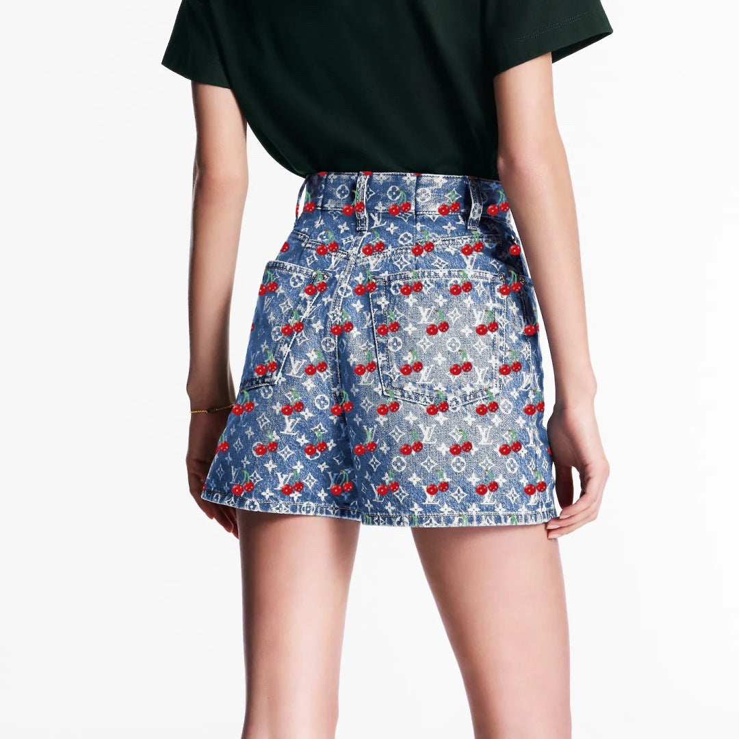 Loui* 25ss monogram cherry jacquard denim shorts