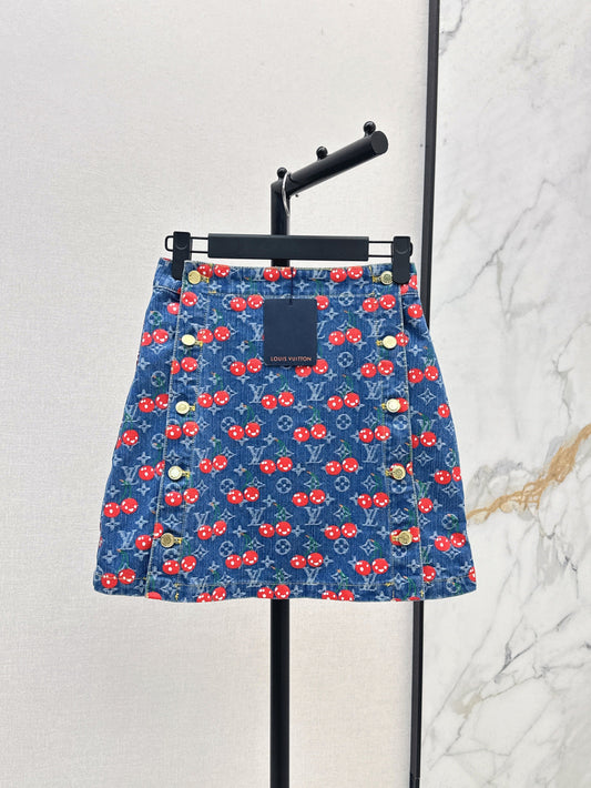 Loui* 25ss monogram jacquard cherry denim skirt