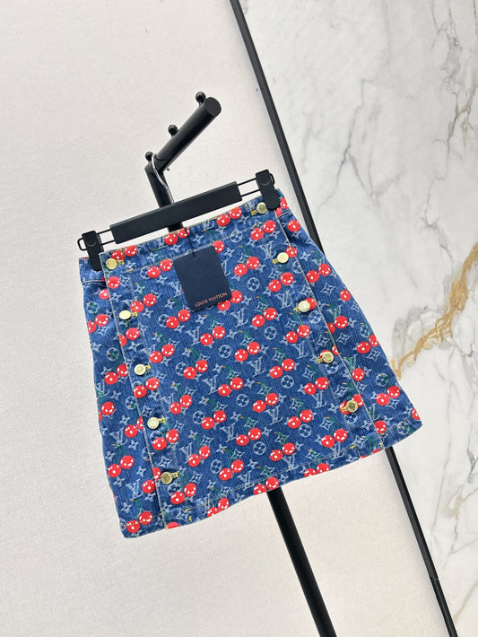 Loui* 25ss monogram jacquard cherry denim skirt