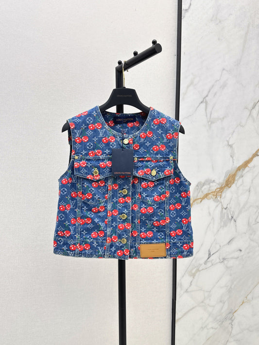 Loui* 25ss monogram jacquard cherry denim vest