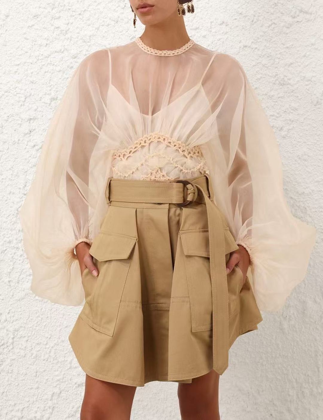 Zim* 25ss macrame insert silk blouse