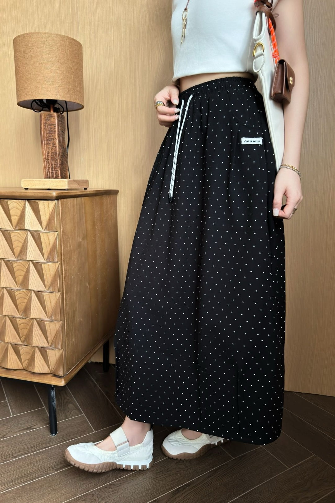 M*u 25ss polka-dot crepe long skirt