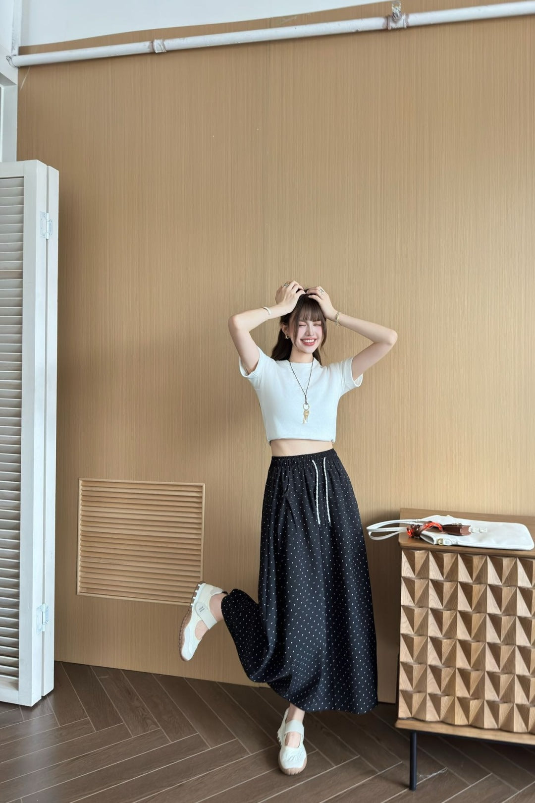 M*u 25ss polka-dot crepe long skirt